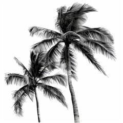 two long palm trees. They touch a little and they are curved to the right. White background
