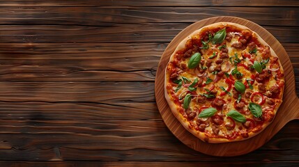 Pizza on wooden board with copy space. Italian delicious food.