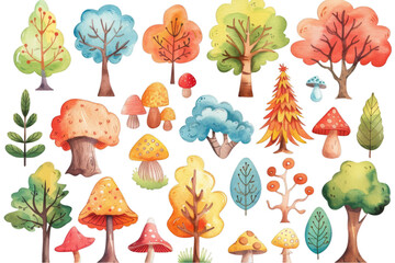 Obraz premium Collection of watercolor trees and mushrooms with various shapes and bright colors, featuring textures and patterns on a transparent background. Perfect for design and print projects.