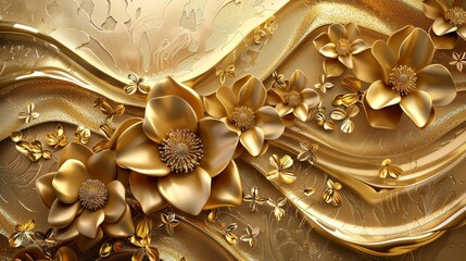 Golden flowers and luxurious gold waves in a 3D mural, opulent nature background with intricate details