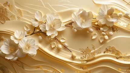 Elegant gold floral mural with 3D elements, flowing gold waves, and a luxurious nature-inspired design