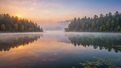 Obraz premium Serene Sunrise Over Misty Lake