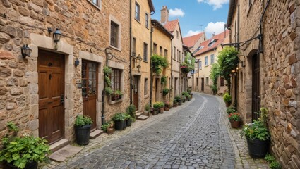 Fototapeta premium Cobblestone Street in a Picturesque European Village