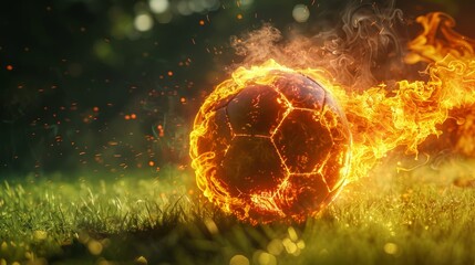 Flaming soccer ball racing across the green field, vibrant fire trails, intense sports action, close-up shot with dynamic angles