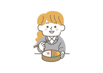 お弁当を食べているビジネスウーマンのイラスト