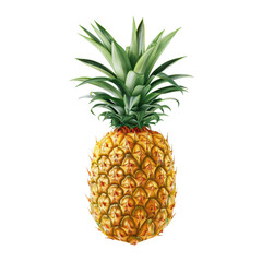 Fresh ripe pineapple with vibrant green leaves and golden yellow skin, perfect for tropical themes, food imagery, and healthy living concepts. isolated on white background