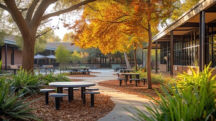 The school courtyard bathed in golden afternoon light, creating a warm and serene atmosphere