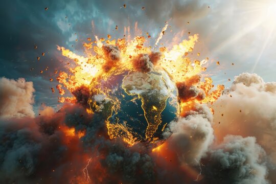 Planet Earth exploding from nuclear blast. Explosion of atomic bomb. Apocalypse, world war