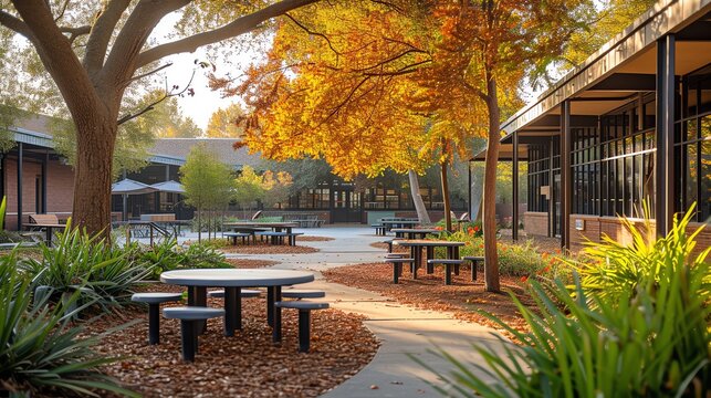 The school courtyard bathed in golden afternoon light, creating a warm and serene atmosphere