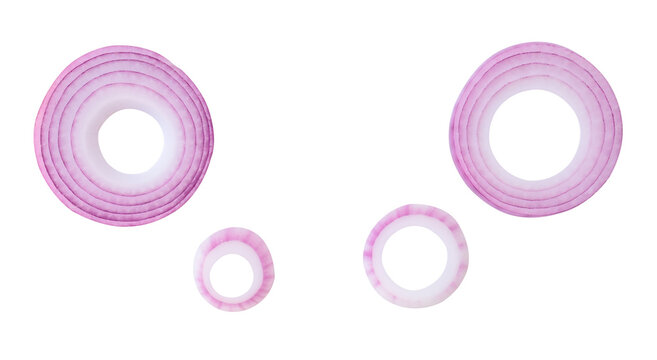 Top view set of red or purple onion slices or onion rings scattering isolated on white background with clipping path