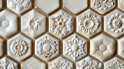 Hexagonal ceramic tiles, arranged in a honeycomb pattern, with intricate designs and glossy surfaces, reflecting high-quality craftsmanship