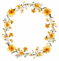 Floral Wreath of Yellow and White Daffodils, Elegant wreath made of yellow and white daffodils with green leaves, perfect for spring decor, on a white background.
