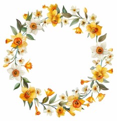 Obraz premium Floral Wreath of Yellow and White Daffodils, Elegant wreath made of yellow and white daffodils with green leaves, perfect for spring decor, on a white background. 