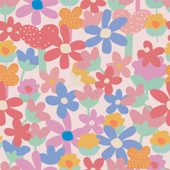 Vector hand drawn abstract seamless pattern colorful flowers in bloom wallpaper background