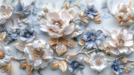 Fototapeta premium Intricate 3D mural in white and blue, detailed rose gold jewelry with flowers, beautifully crafted for an elegant look