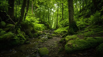 Fototapeta premium Lush and Verdant Forest Path with Moss Covered Rocks and Flowing Stream