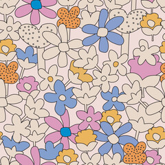 Vector hand drawn seamless floral pattern colorful groove flowers background