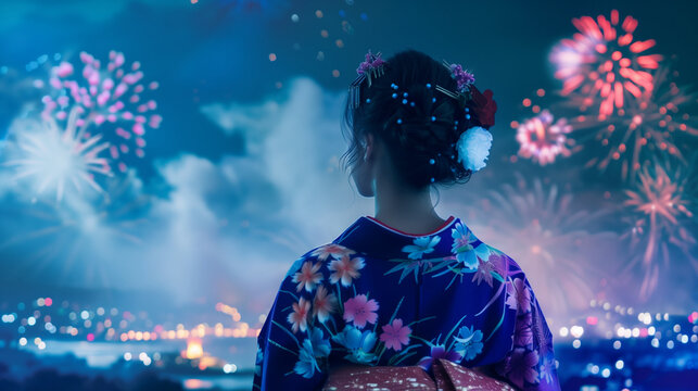 Back view of woman in yukata looking up at fireworks