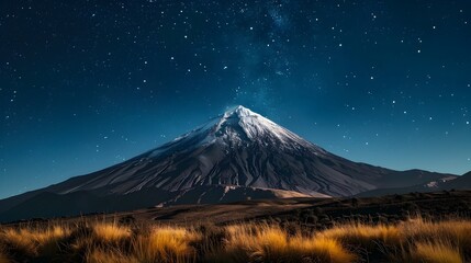 Fototapeta premium Majestic Snowy Peak and Starry Night Sky in Breathtaking Wilderness Landscape