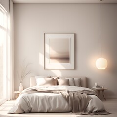 Mockup white empty frame in light cozy and simple bedroom interior background, 3d render