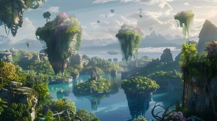 Majestic Floating Islands in Lush Tropical Dreamscape