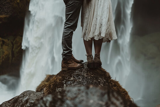 Adventurous couple eloping at a breathtaking natural location like a waterfall or mountain peak