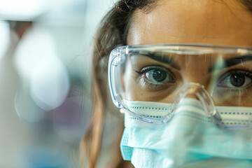 Researcher wearing a face mask examining a sample, with a blurred laboratory background