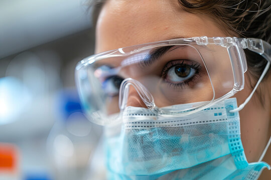 Researcher wearing a face mask examining a sample, with a blurred laboratory background