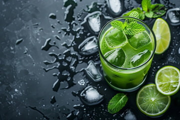 Refreshing matcha iced green tea with lime and fresh mint leaves on a black stone slate