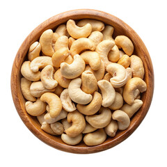 Cashew top view on wooden bowl Isolated on transparent background