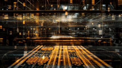 Weaving traditions shown through double exposure of ancient patterns and a loom, dark background, sharp details