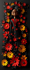 Fototapeta premium A woman with long brown hair is the main focus of the image. The background features a colorful floral design, with various flowers and leaves scattered throughout. Scene is vibrant and lively