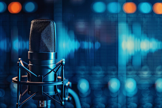 Professional microphone with digital audio waveform on a blue background banner, ideal for podcasting or music studio concepts