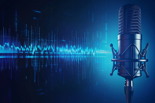 Professional microphone with digital audio waveform on a blue background banner, ideal for podcasting or music studio concepts