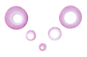 Top view set of red or purple onion slices or onion rings scattering isolated on white background with clipping path