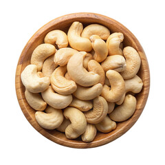 Cashew top view on wooden bowl Isolated on transparent background