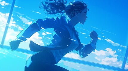 走っているビジネスウーマンのシルエット、青空13