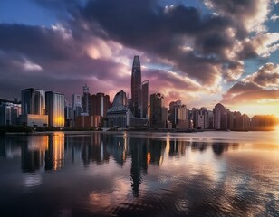 Obraz premium night, city, skyline, cityscape, water, lights, river, downtown, reflection, urban, buildings, architecture, building, dusk, panorama, evening, landscape, sea, sky, skyscraper, travel, london, vancouv