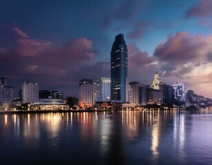 Fototapeta premium night, city, skyline, cityscape, water, lights, river, downtown, reflection, urban, buildings, architecture, building, dusk, panorama, evening, landscape, sea, sky, skyscraper, travel, london, vancouv