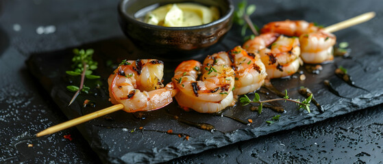 Two grilled shrimp on a skewer, presented on a black slate plate, with a small bowl of garlic butter and herbs around