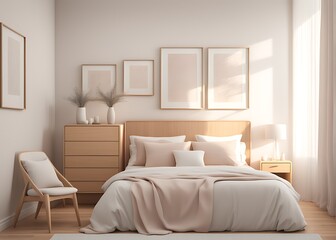Fototapeta premium Mockup white empty frame in light cozy and simple bedroom interior background, 3d render