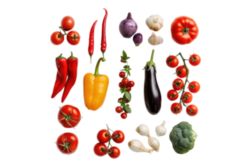 Diverse varieties of vegetables isolated on transparent background