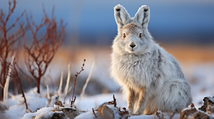 Fototapeta premium a snowshoe hare perfectly camouflaged in its winter coat 