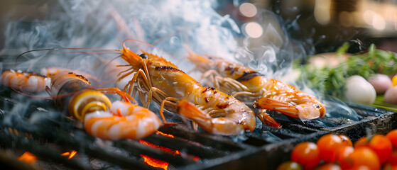 Two grilled shrimp on a grill with smoke rising, surrounded by other seafood and vegetables being cooked