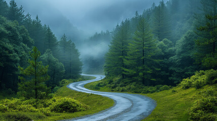 Fototapeta premium A scenic mountain road winding through a lush forest in the Canadian Rockies on a summer day