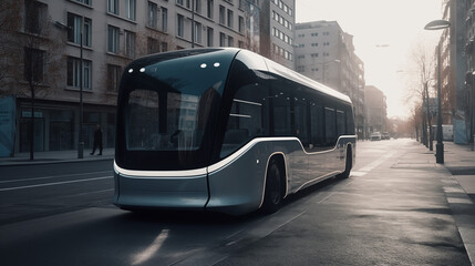 Fototapeta premium Urban Transport: A red and white bus travels on city streets amidst buildings and under a blue sky