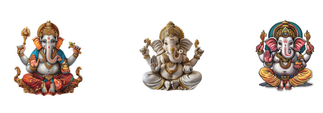 Triptych of Multicolored Ganesha Statues - Hindu Deity Figurines for Spiritual Decor isolated on a transparent or white background, png