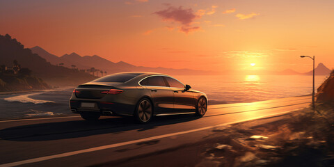 Obraz premium a car driving on a road with a sunset in the background
