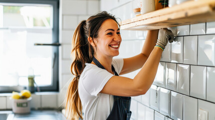 Young woman tiler, make repairs work in the kitchen and glues ceramic tiles on the wall. Female mason laying a new tile wall. Portrait of a young positive woman tiler during renovation work