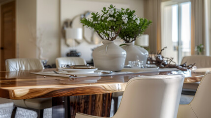 A modern chic dining room with a wooden dining table, cream leather chairs, and an elegant centerpiece.
